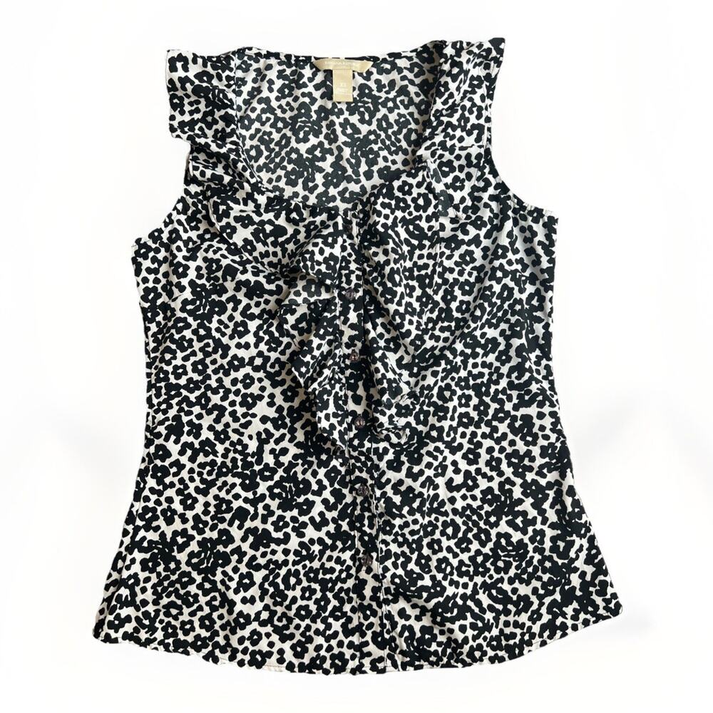 Banana Republic Womens Sleeveless Blouse XS Black White Floral Print Ruffle Neck